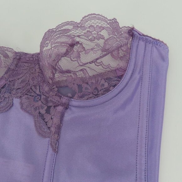VTG Dolores Poirette Women 34 Purple Floral Lace Corset Top Boned Garter Straps - Picture 4 of 16